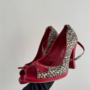 Leopard Print Peep-Toe Heels with Red Trim